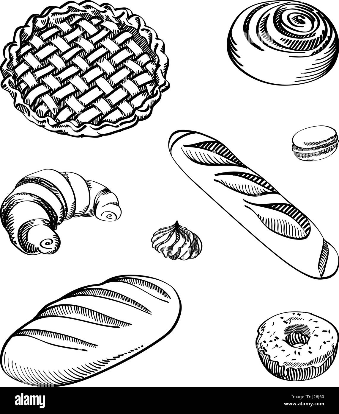 Satz von Vektor-Illustrationen - verschiedene Arten von Keksen und Kuchen, isoliert. Handgezeichnete detaillierte Zeichnung im Vintage-Stil. Stock Vektor