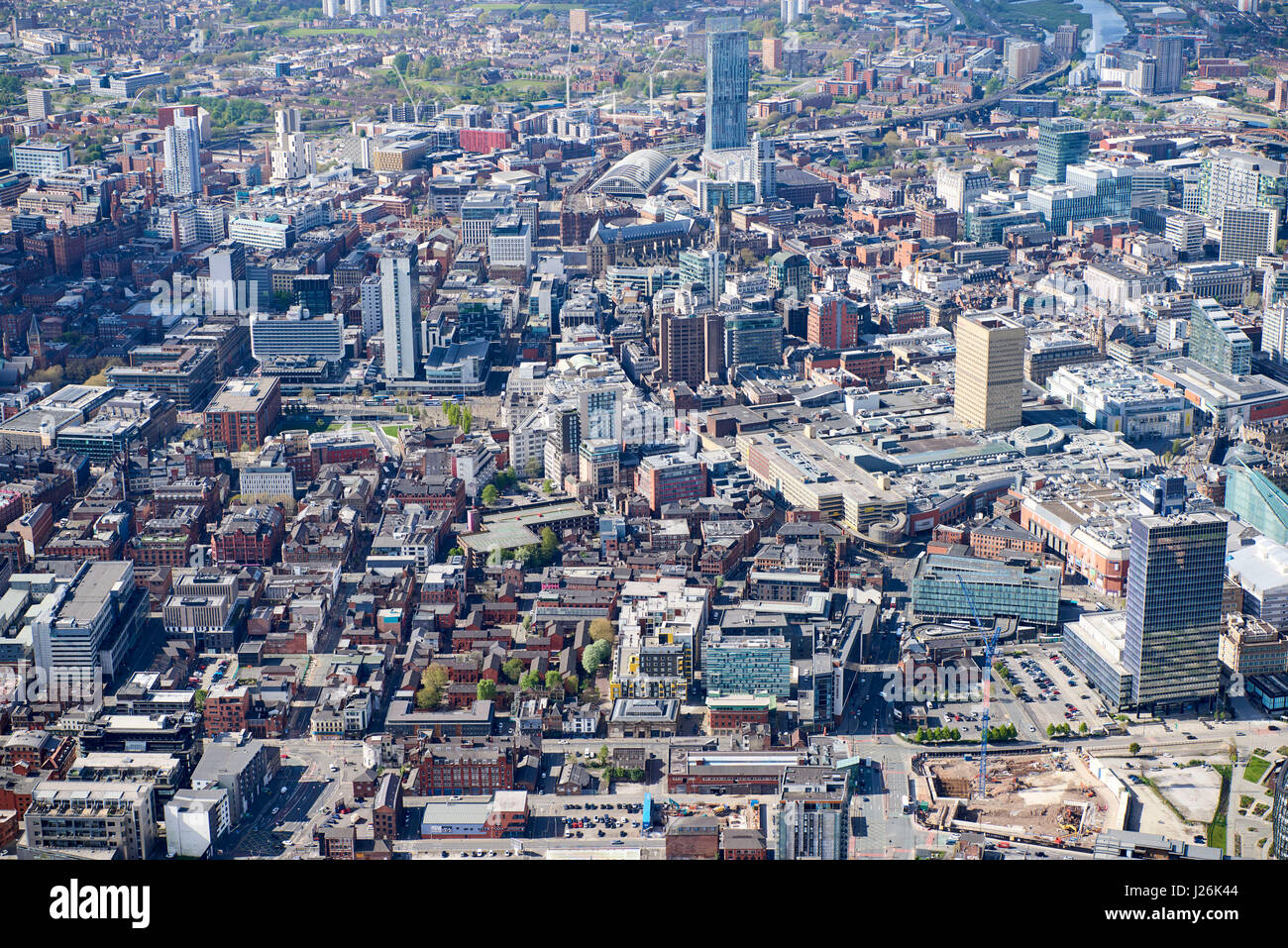Manchester Stadtzentrum aus der Luft, North West England, UK Stockfoto