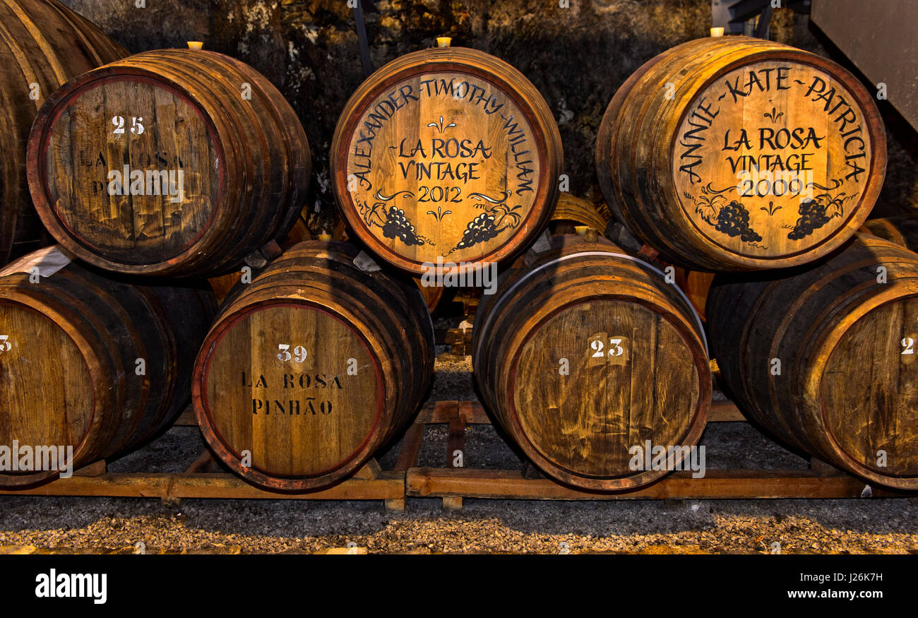 Personalisierte Portwein Fässern in einem Weinkeller, Quinta De La Rosa, Pinhao, Alto Douro, Portugal Stockfoto