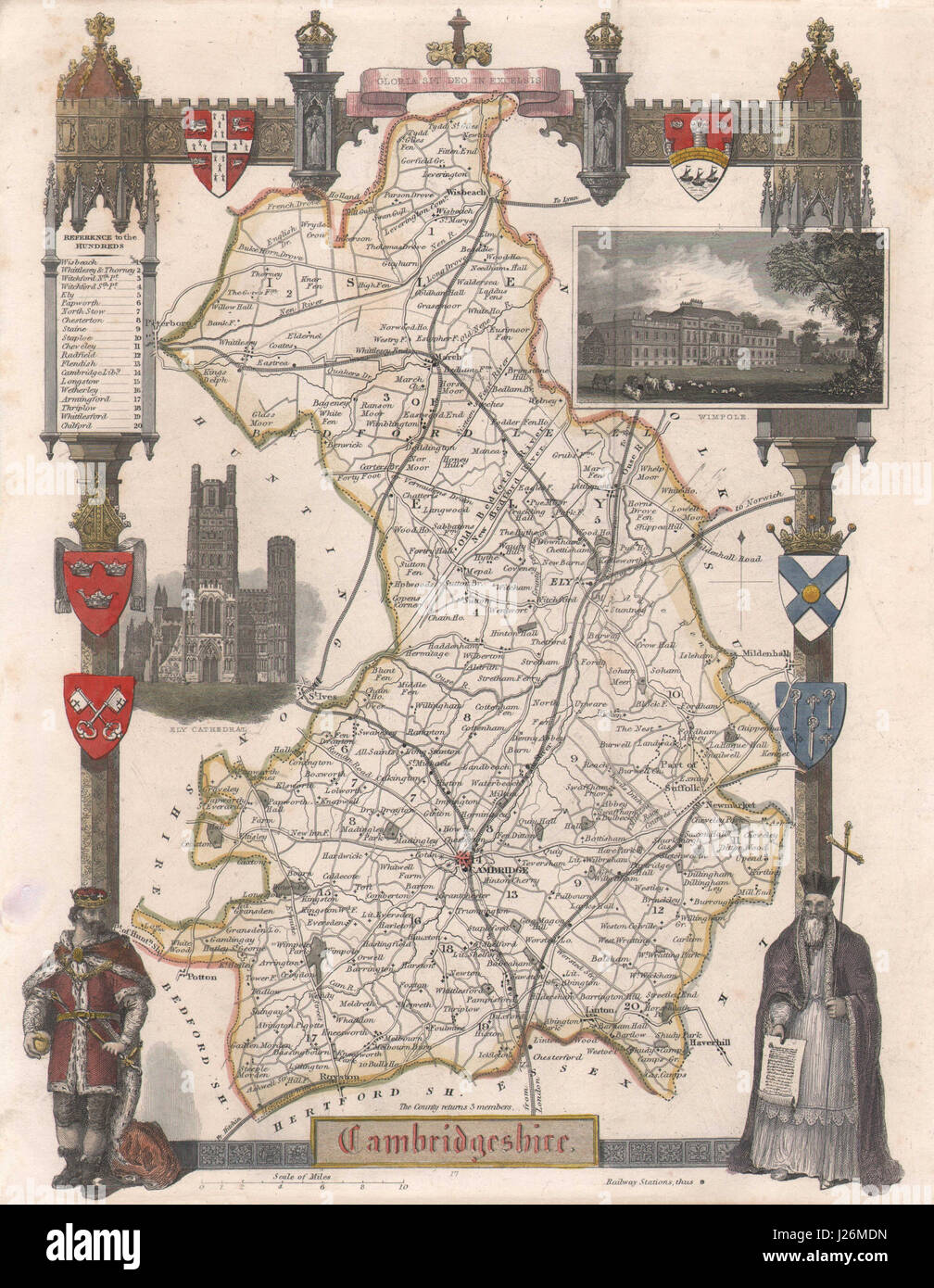 Cambridgeshire antike handkolorierten Grafschaft Landkarte. Eisenbahnen. MOULE c1840 alt Stockfoto