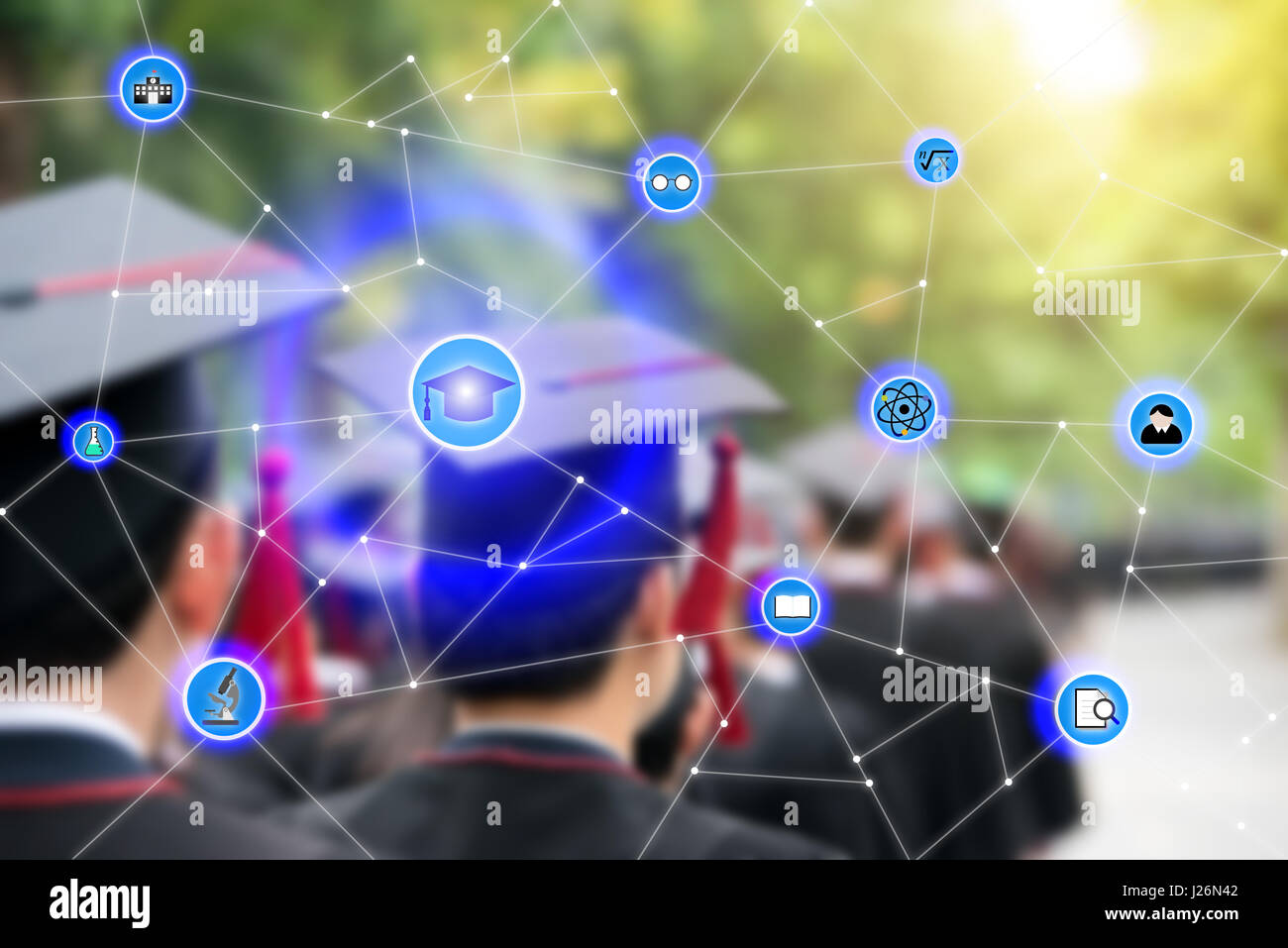 Intelligente Bildung und Erziehung Symbol Netzwerk Conection mit Graduierung im Hintergrund, visuelle abstraktes Bild, Internet der Dinge-Konzept. Stockfoto