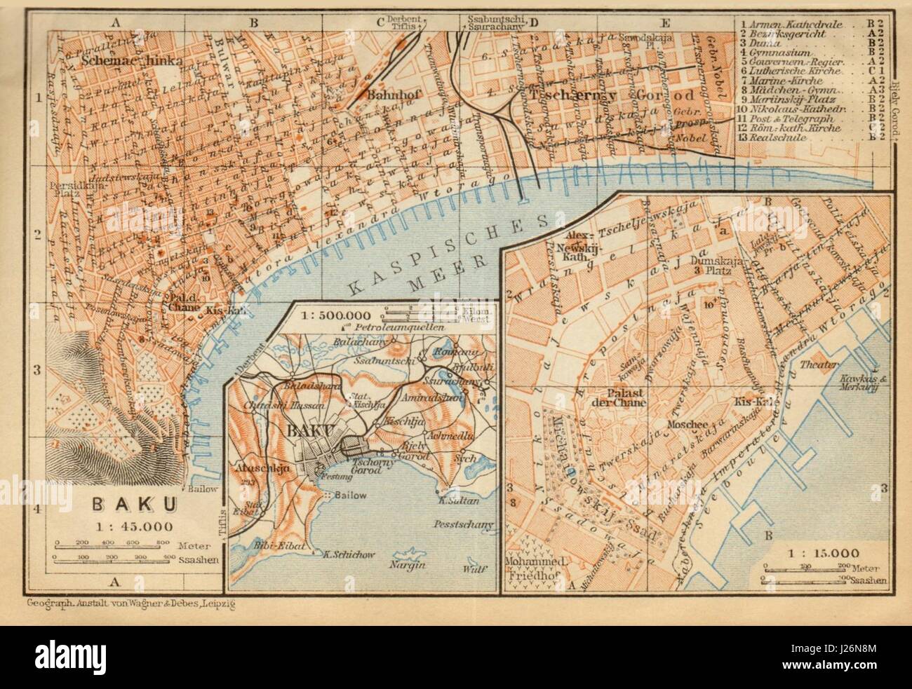 Baku-Stadt-Plan. Aserbaidschan. Alte Antike Landkarte Diagramm BAEDEKER 1912 Stockfoto