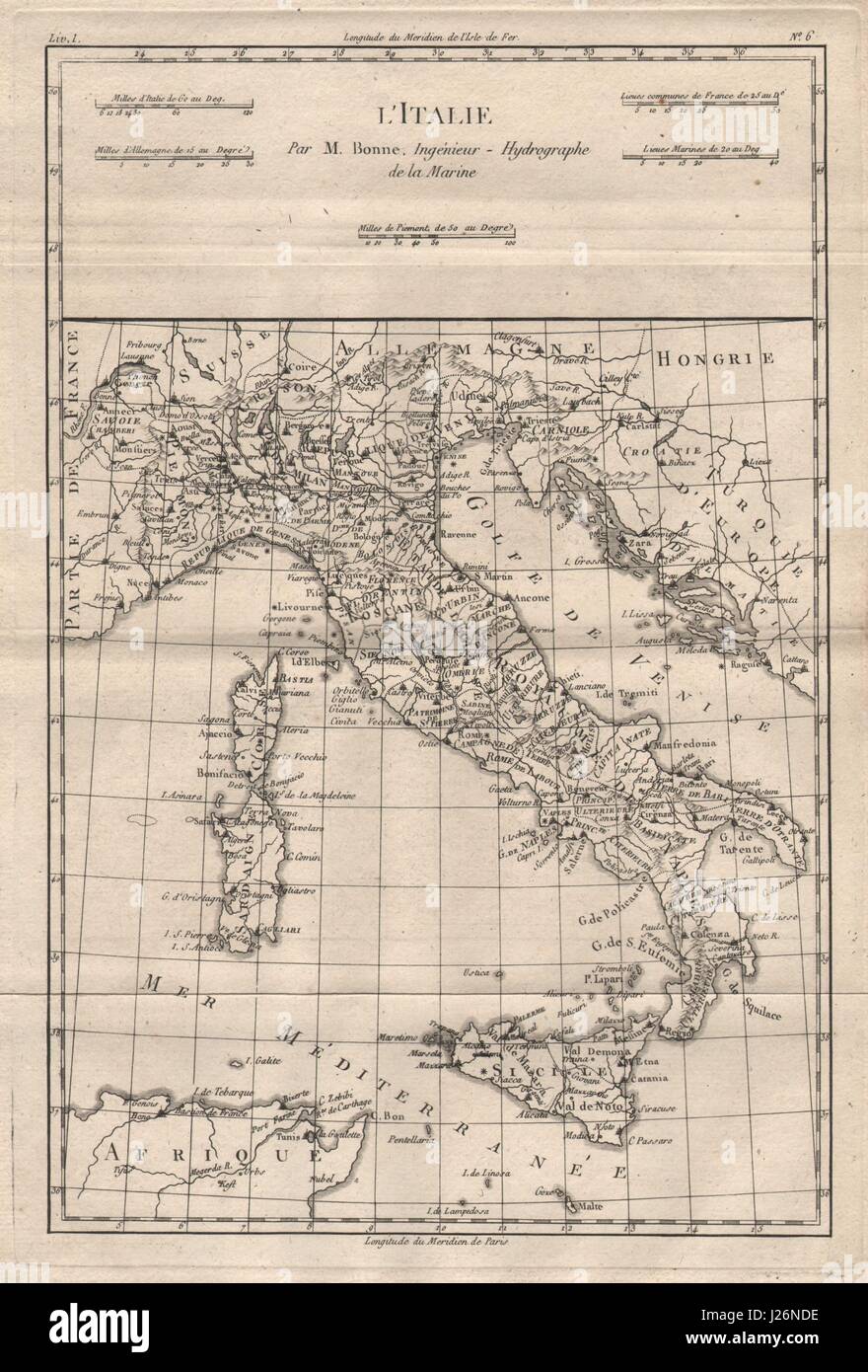 "Italie". Italien. BONNE 1780 alt antik Vintage Karte Plan Diagramm Stockfoto