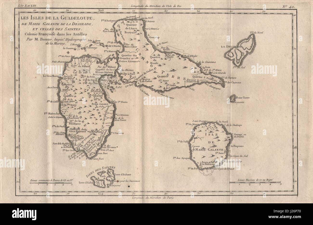 "Les Isles De La Guadeloupe, de Marie Galante..." Îles des Saintes. BONNE 1780 Karte Stockfoto