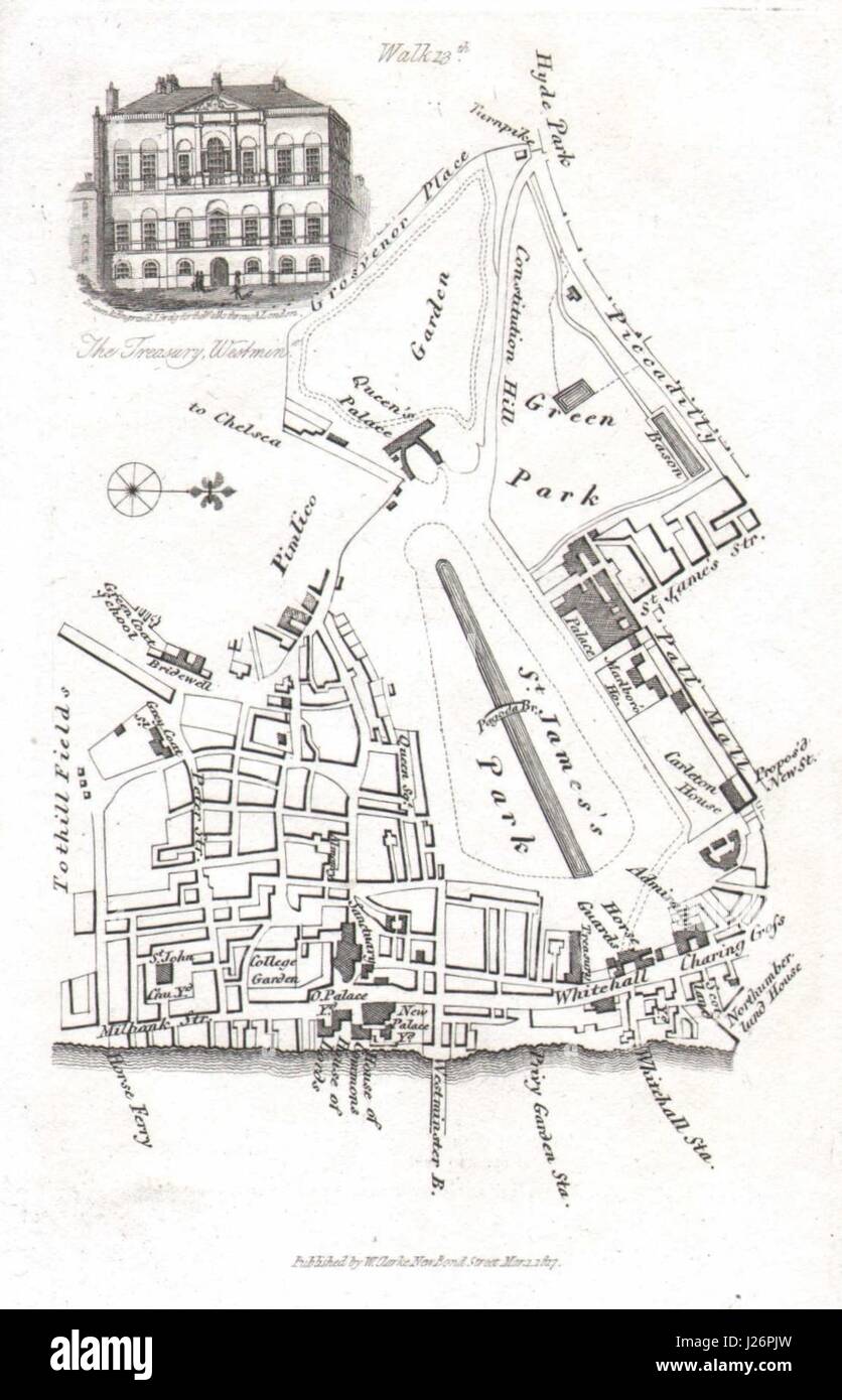 Westminster St James's / Green Park Whitehall Buckingham Palace Treasury 1817 Karte Stockfoto