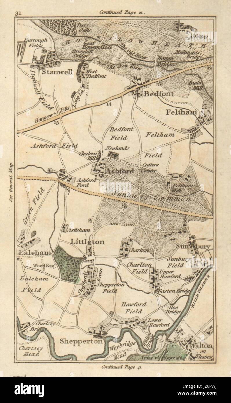 WALTON-ON-THAMES Feltham Sunbury Shepperton Staines Chertsey Heathrow 1786 Karte Stockfoto