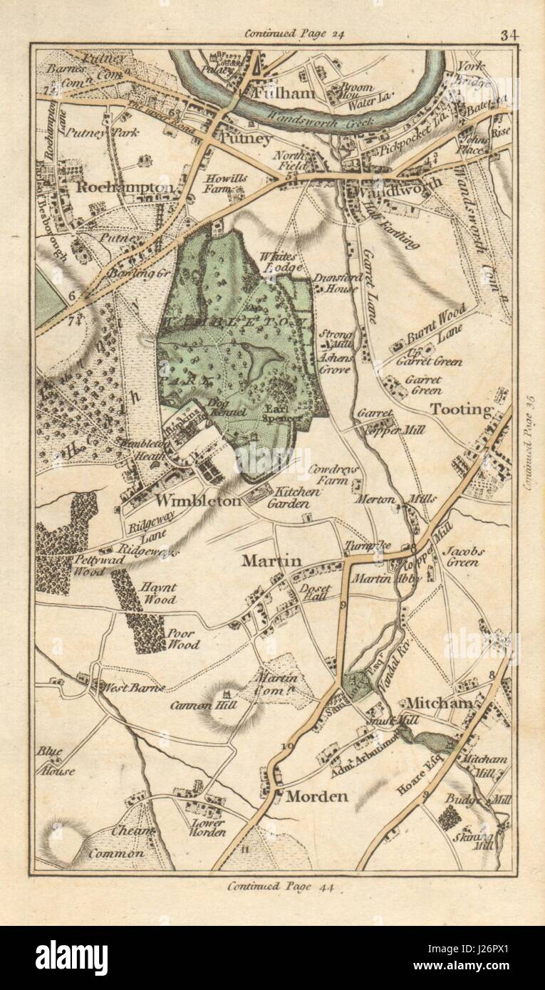 WANDSWORTH Putney Roehampton Fulham Tooting Wimbledon Morden Merton 1786 Karte Stockfoto