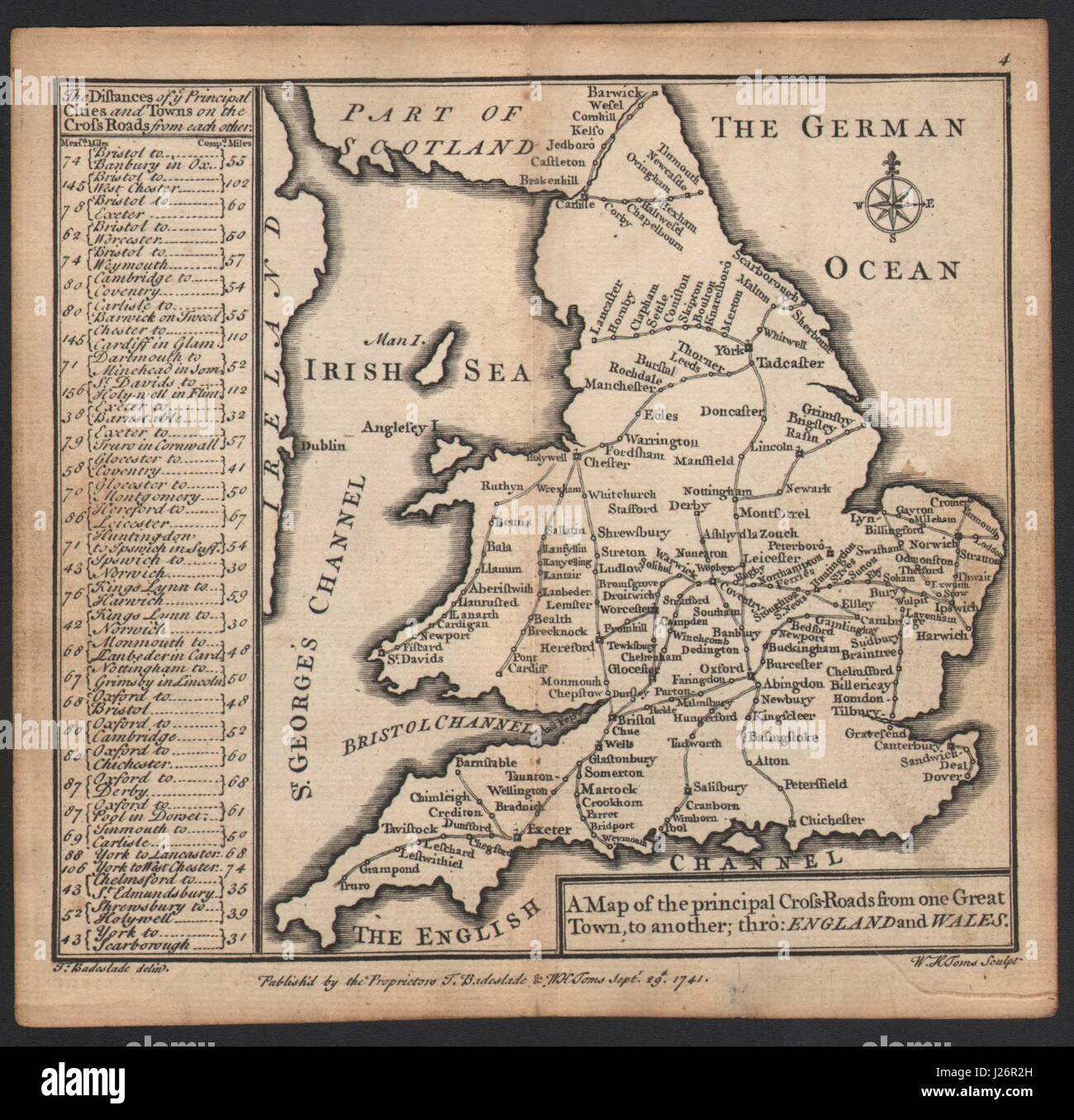 "... Der wichtigsten Kreuzung Thro England & Wales. Badeslade & Toms 1742 Karte Stockfoto