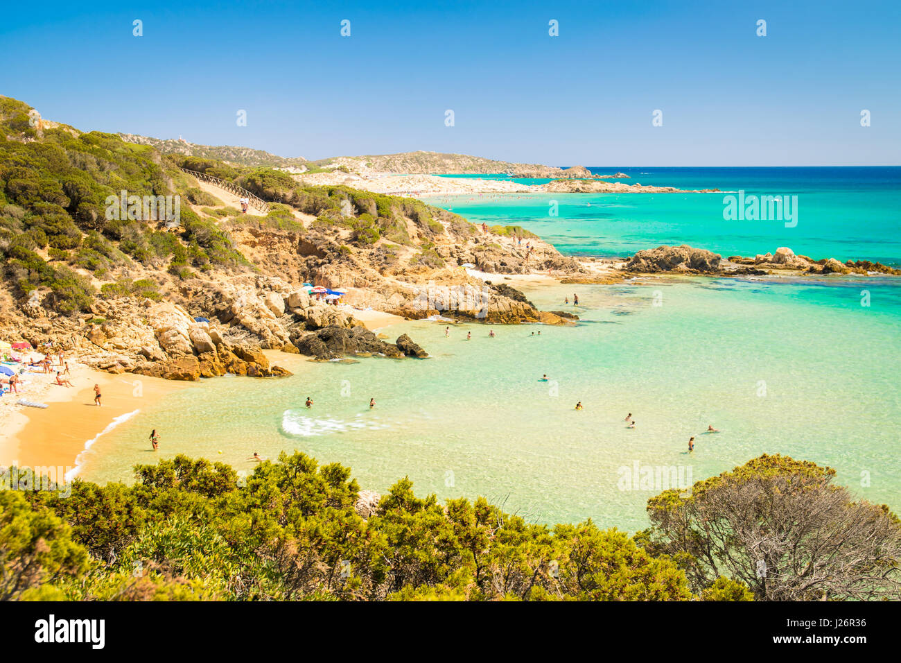 Panorama von den wunderschönen Stränden von Chia, Sardinien, Italien. Stockfoto