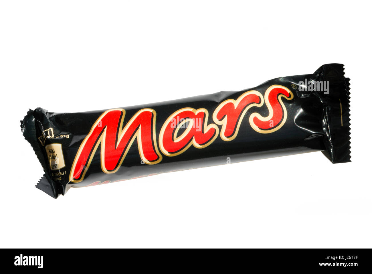 Mars-Riegel ausgeschnitten oder vor einem weißen Hintergrund isoliert Stockfoto