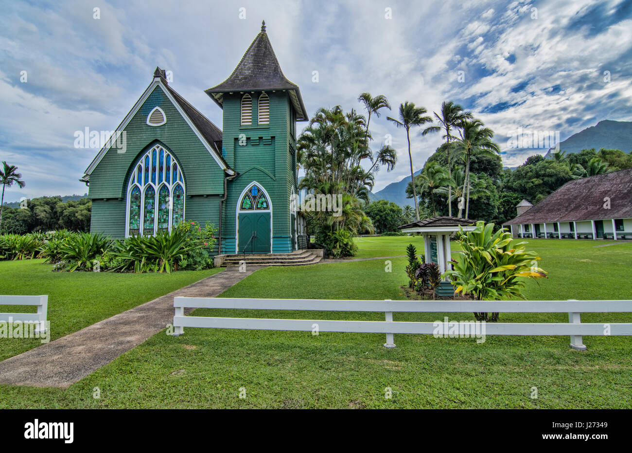 Hanalei Kauai Hawaii die alte grüne Kirche namens Waiola Huiia Kirche 1912 touristische Attraktion Wahrzeichen Stockfoto