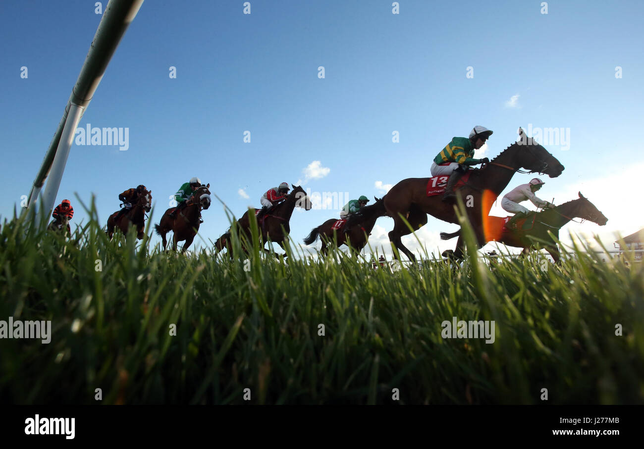 Läufer und Reiter konkurrieren in Flachrennen Dooley Versicherungen während Tag eins des Punchestown Festivals in Naas, Co. Kildare. Stockfoto