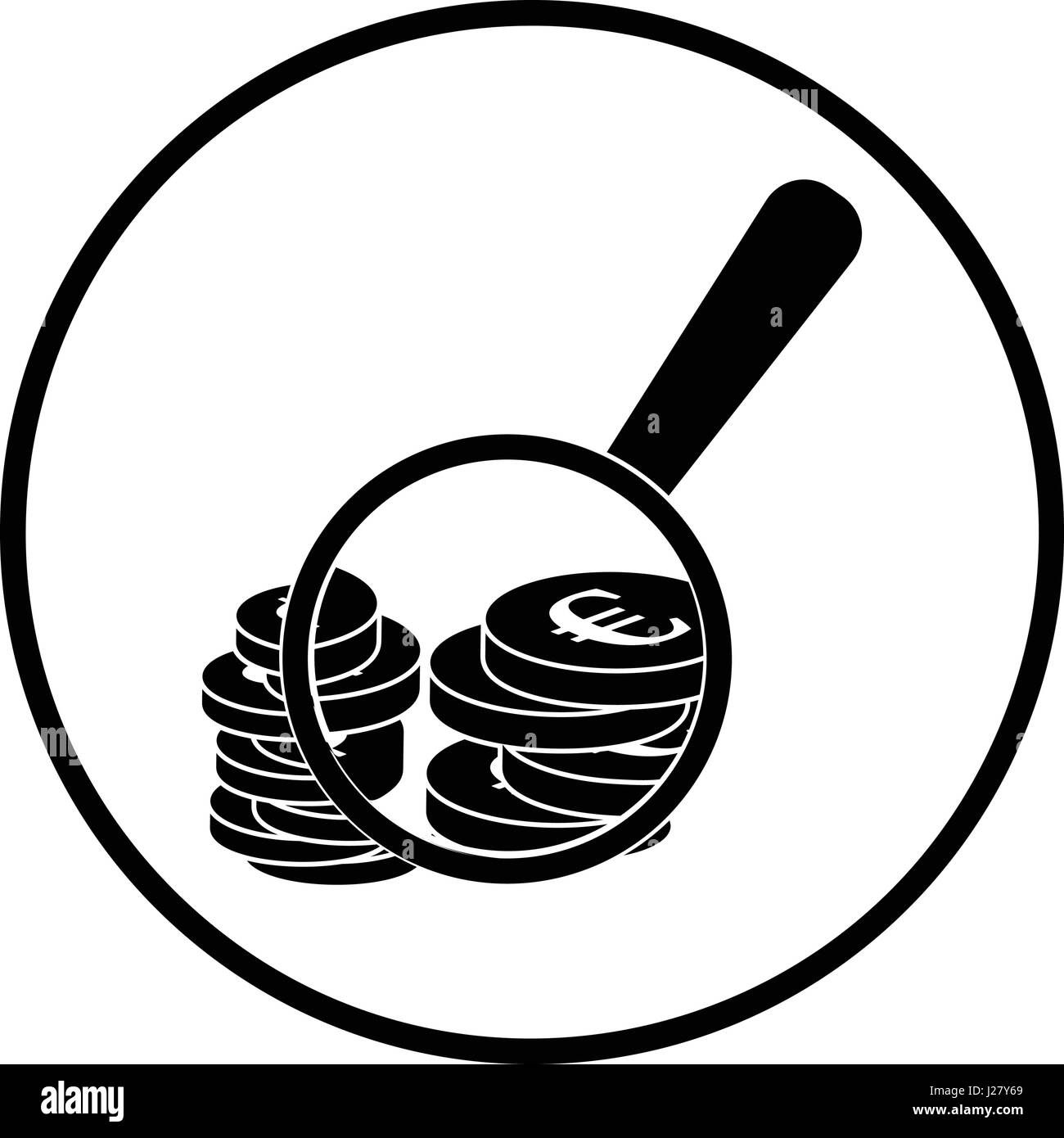 Lupe über Münzen-Stack-Symbol. Dünnen Kreis Design. Vektor-Illustration. Stock Vektor
