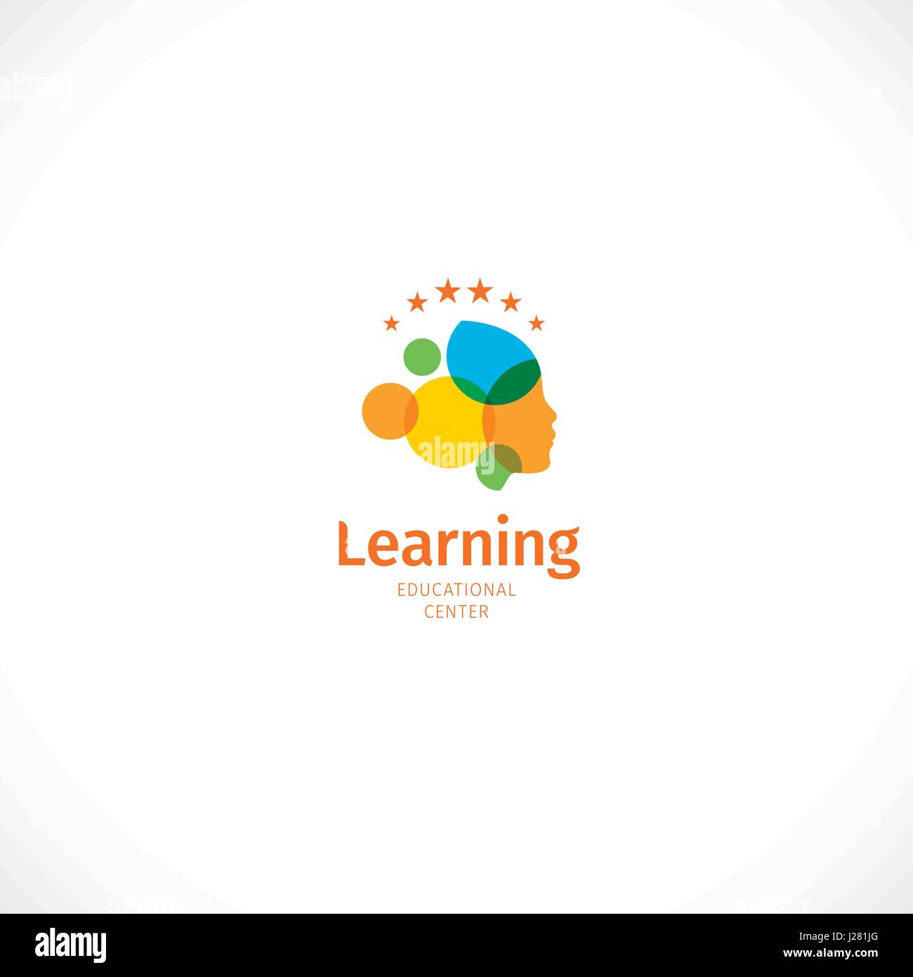 Abstrakte bunte weibliches Gesicht Profil-Logo, Bildungszentrum Schriftzug mit Wort lernen auf weißem Hintergrund-Vektor-Illustration isoliert. Stock Vektor