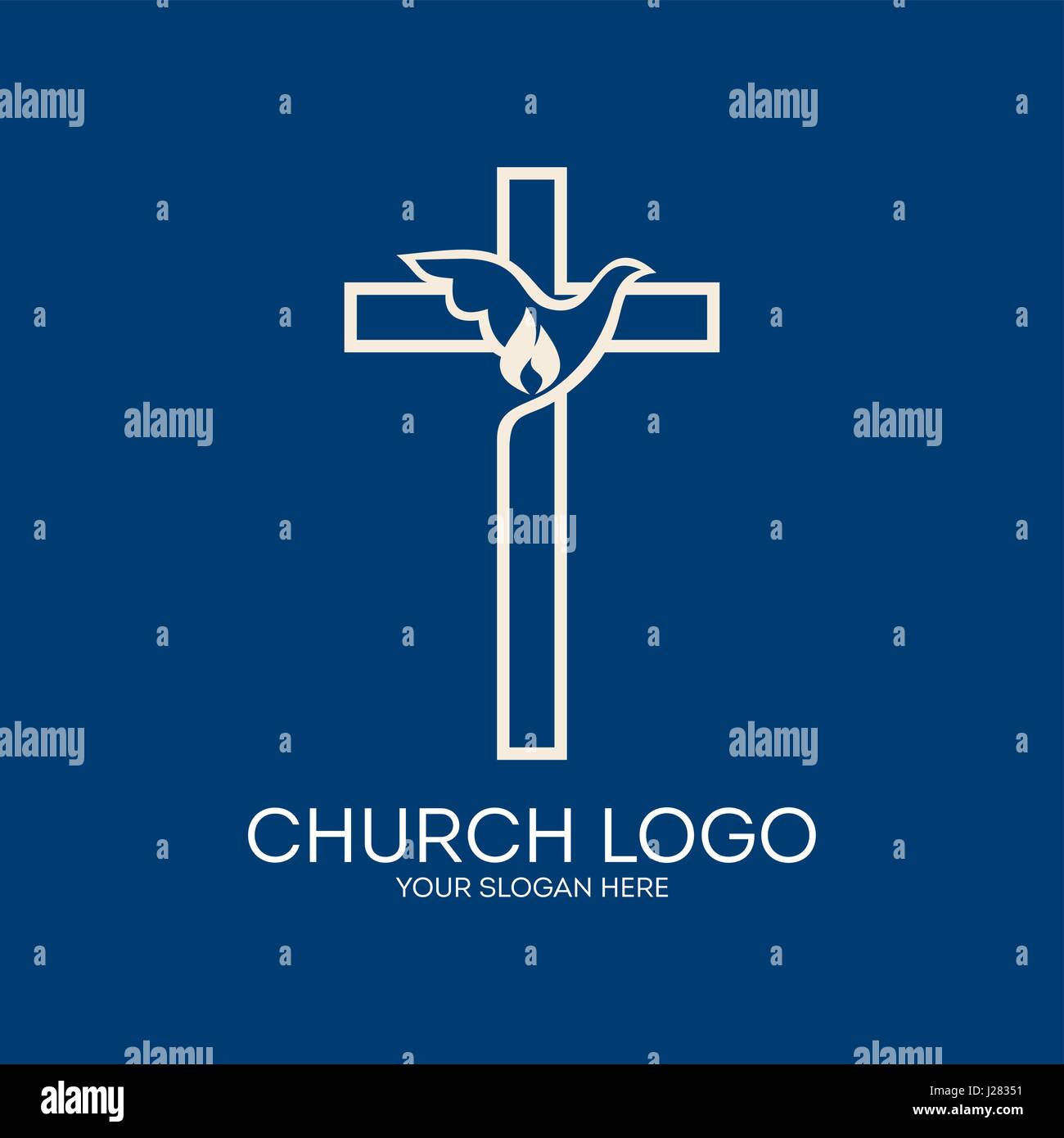 Logo der Kirche. Das Kreuz des Herrn Jesus Christus, die Taube und die Flamme sind ein Zeichen des Geistes Stock Vektor