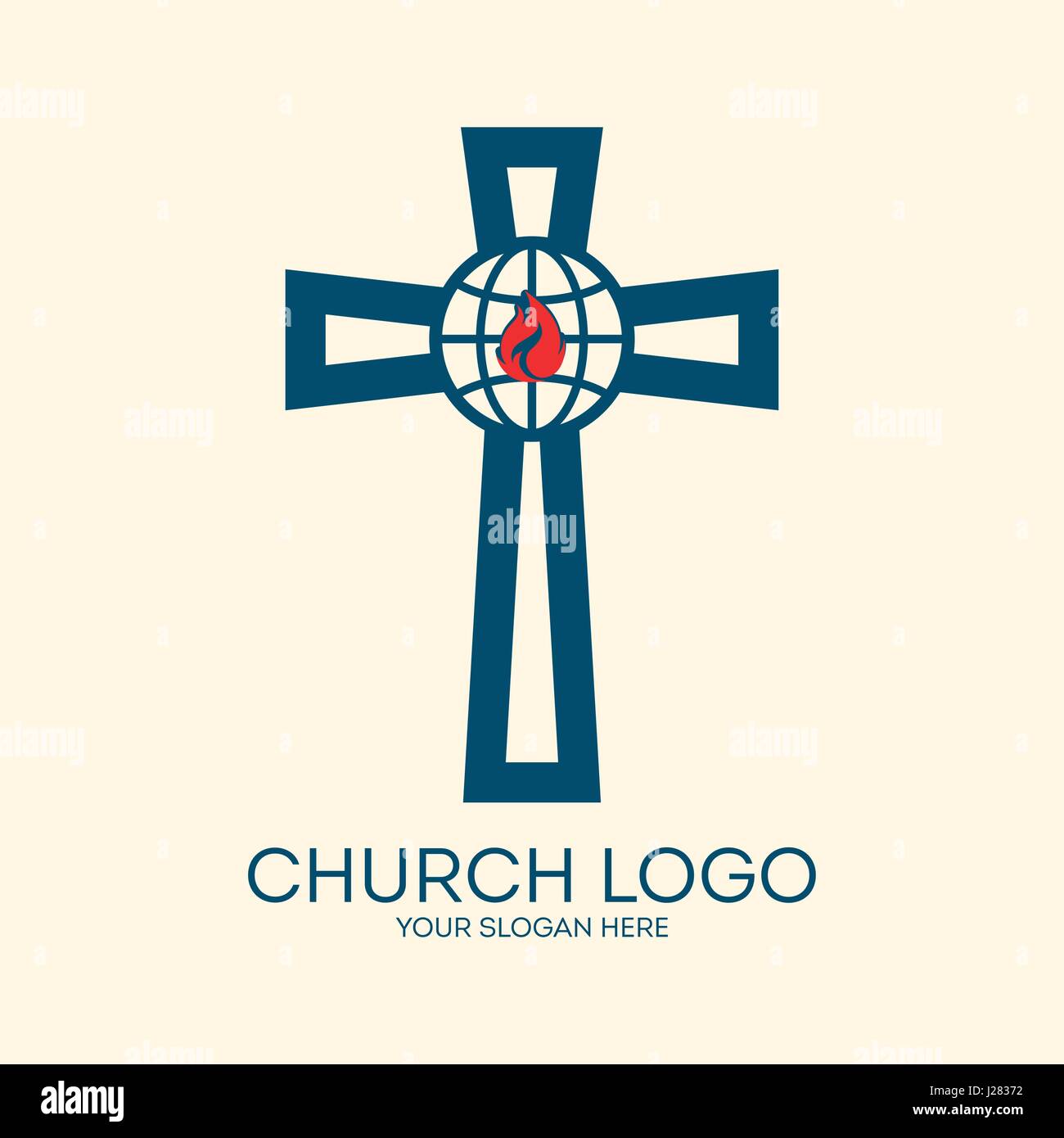 Logo der Kirche. Das Kreuz des Herrn Jesus Christus, die Kugel und die Flamme sind ein Zeichen des Geistes Stock Vektor