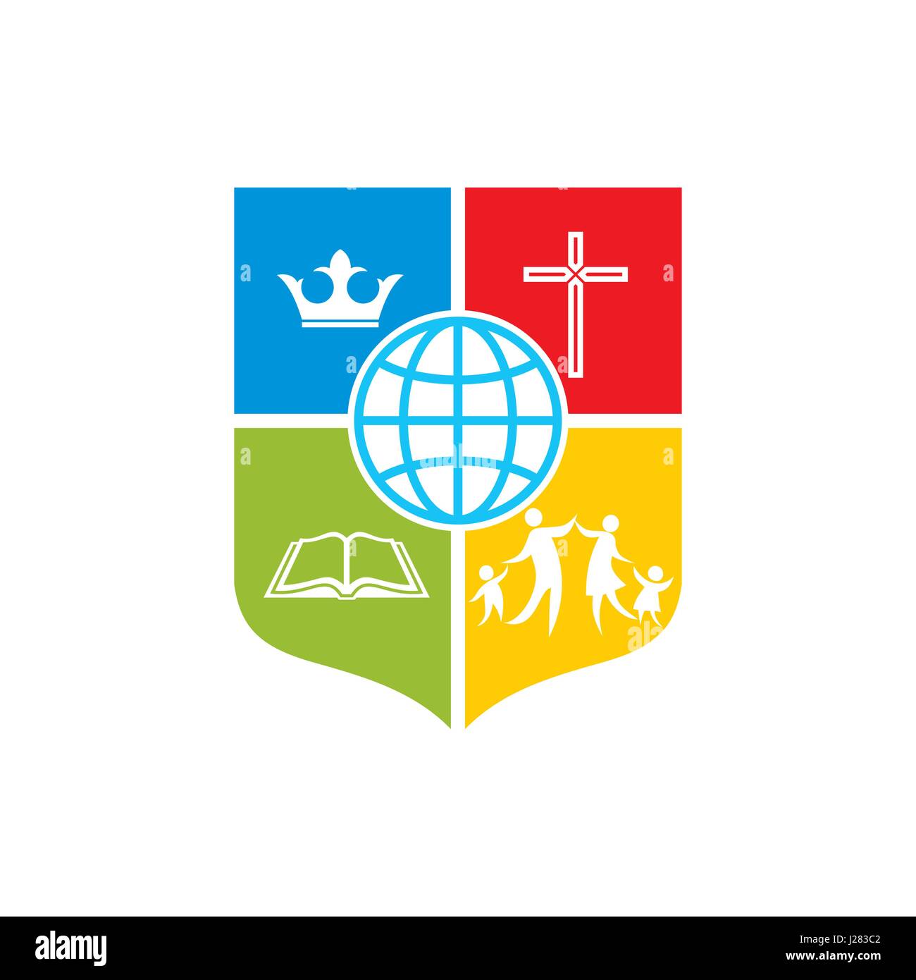 Logo der Kirche. Die Familie, die Bibel und das Kreuz Jesu sind das Fundament der Kirche Stock Vektor
