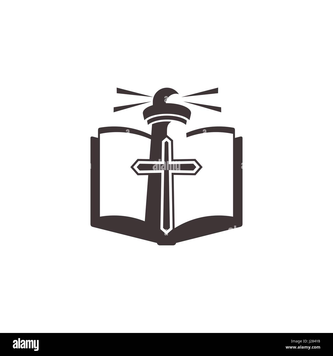 Logo der Kirche. Leuchtturm Gottes und der Heiligen Schrift Stock Vektor