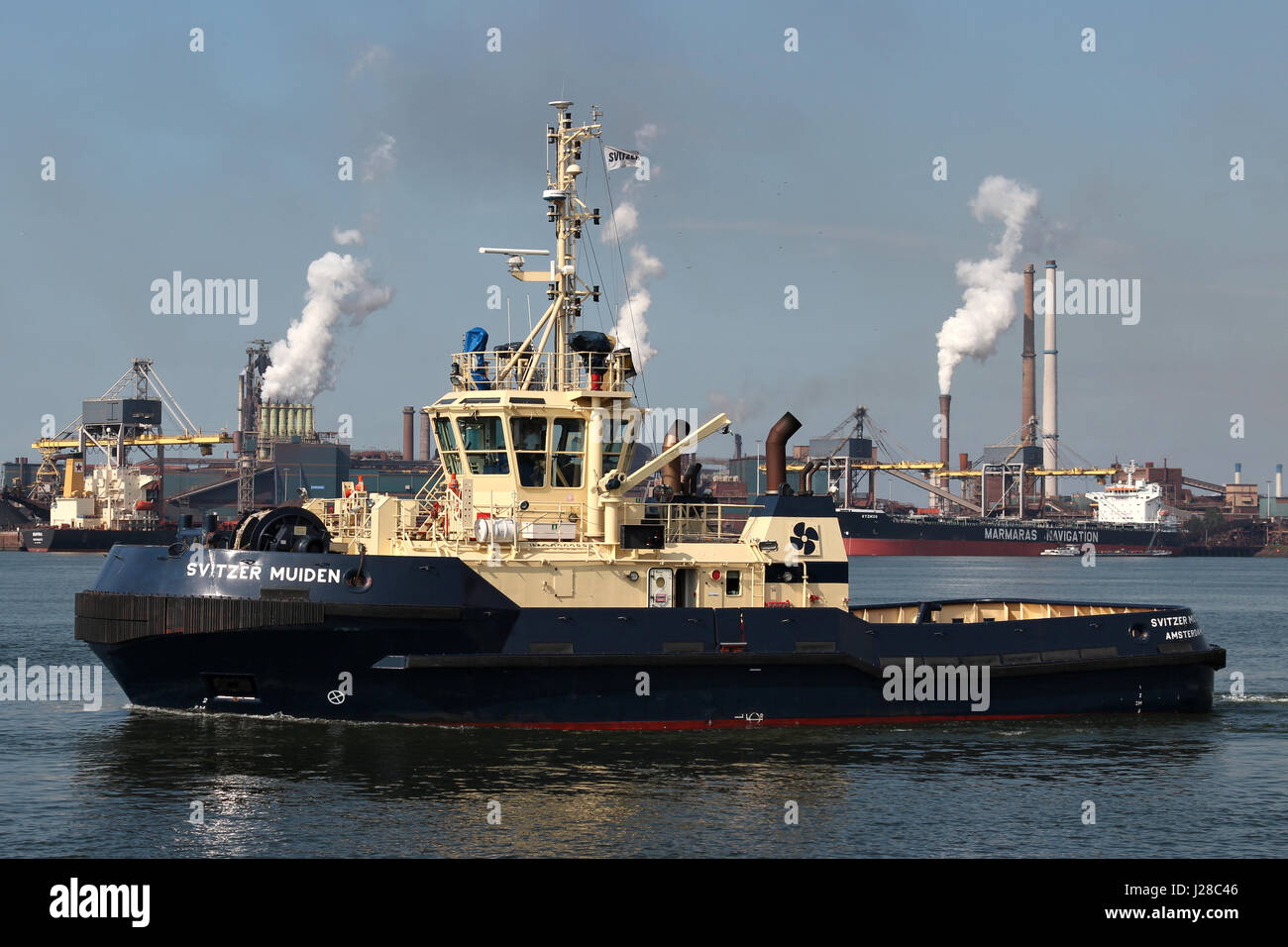 Schlepper SVITZER MUIDEN in den Hafen von IJmuiden. Svitzer ist der weltweit führende Anbieter von Abschleppen und Marine Services und Bestandteil der A.P. Moller-Maersk Gruppe. Stockfoto