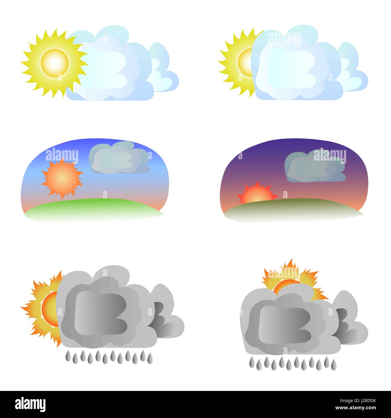 Sechs Varianten Der Wetter Sonne Und Wolken Bewolkten Tag Abend Sonnenuntergang Regen Stock Vektorgrafik Alamy