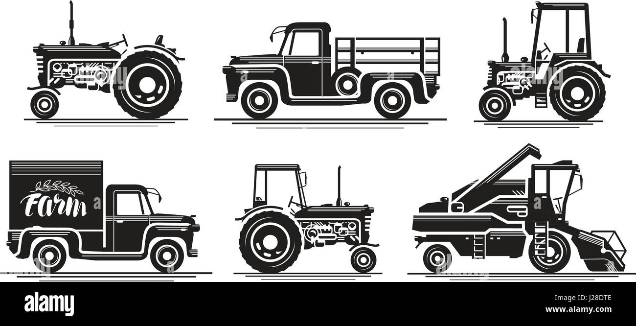 Transport auf dem Bauernhof, Symbole festgelegt. Landwirtschaftliche Zugmaschine, LKW, LKW, Mähdrescher, Mähdrescher, Pickup, Auto-Symbol. Silhouette-Vektor-illustration Stock Vektor