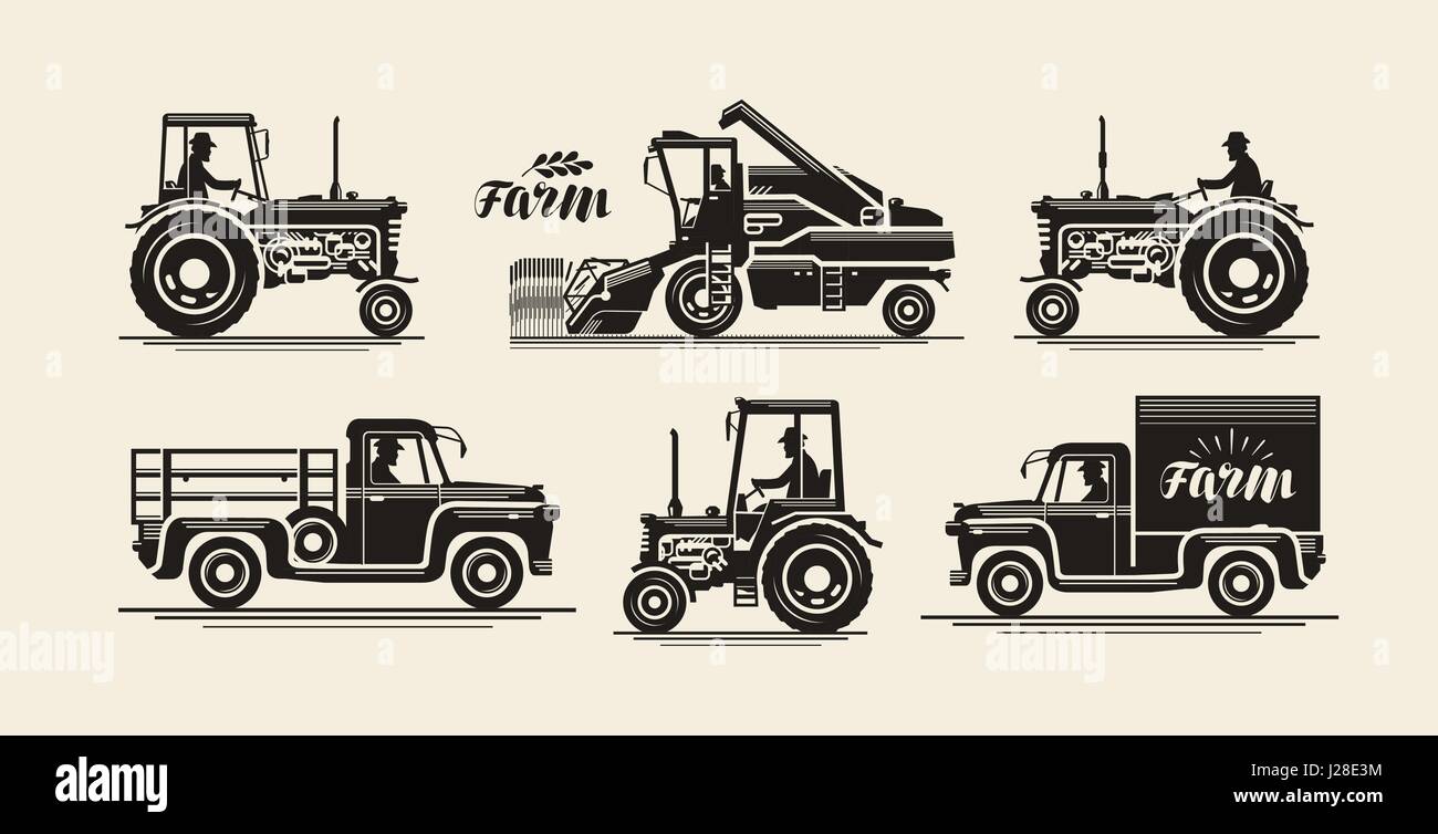 Bauernhof Symbole festgelegt. Landwirtschaft, Landwirt, Mähdrescher, Traktor, LKW-Symbol. Vintage Vektor-illustration Stock Vektor