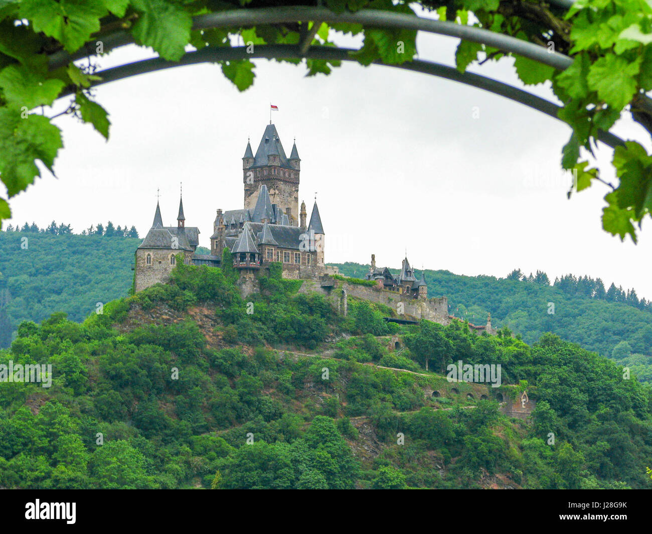 Deutschland, Rheinland-Pfalz, Cochem, Burg Cochem am Berg mit Wein Palette auf der Mosel-Steig Stockfoto