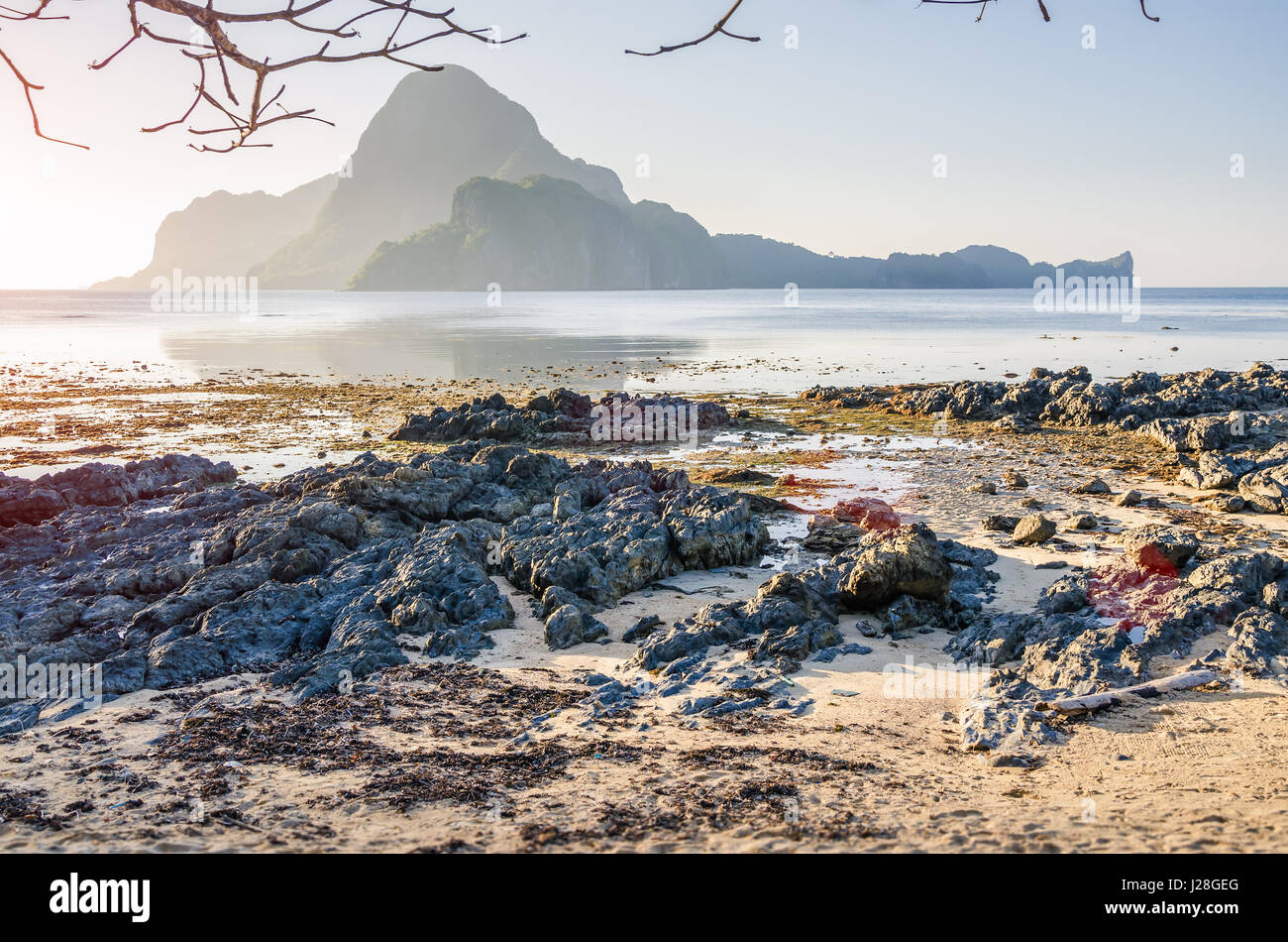 Rocky Beach bei Ebbe im Morgenlicht vor erstaunlichen Cadlao Island, El Nido, Palawan, Philippinen Stockfoto