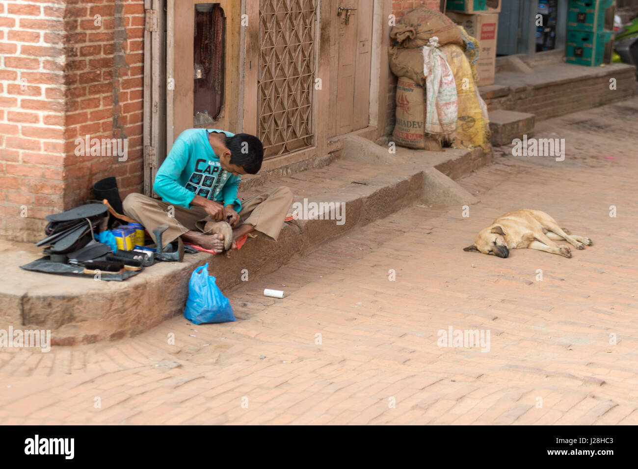 Nepal, Zentralregion, Bhaktapur, der Schuster und sein Hund, Streetlife Stockfoto