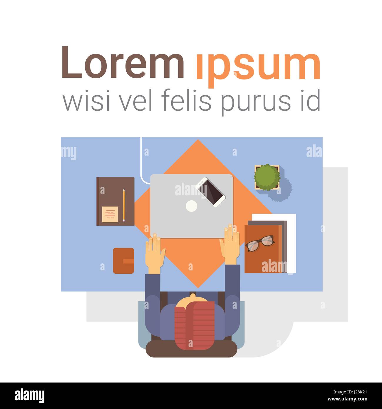 Geschäftsmann am Arbeitsplatz Schreibtisch Hände arbeiten Laptop Computer oberen Winkel Ansicht Büro Stock Vektor