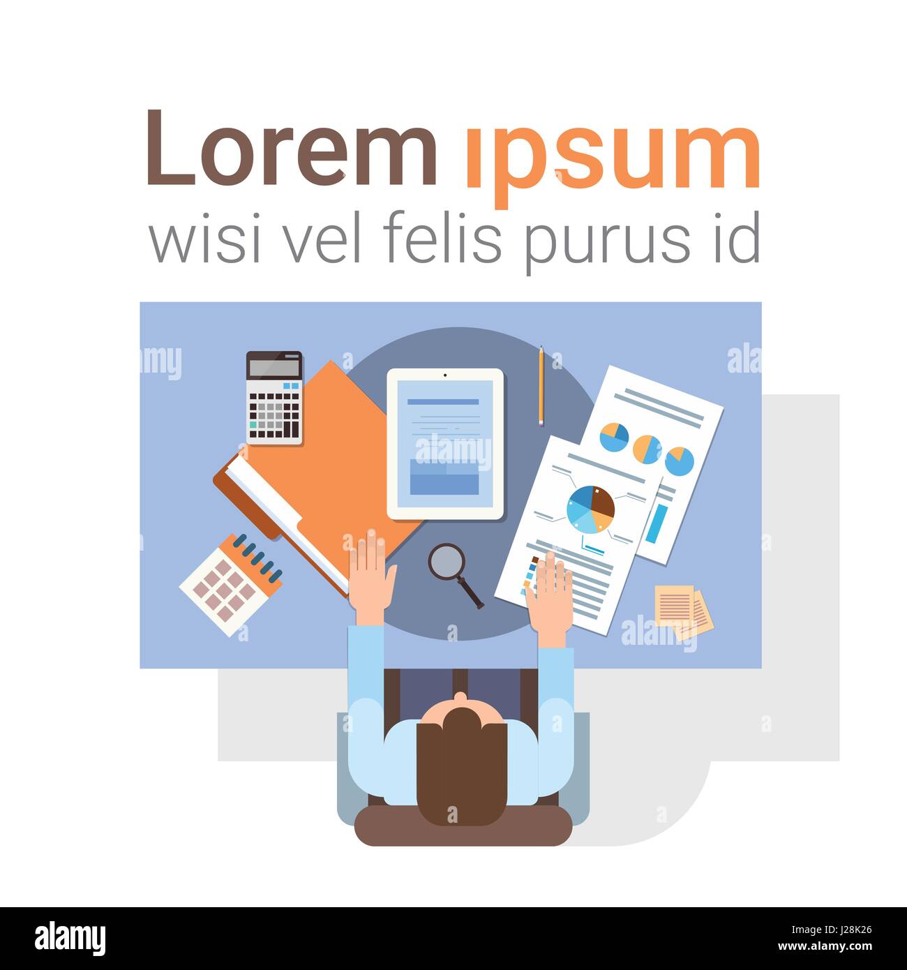 Geschäftsmann am Arbeitsplatz Schreibtisch Hände arbeiten Tablet Computer oberen Winkel Ansicht Büro Stock Vektor