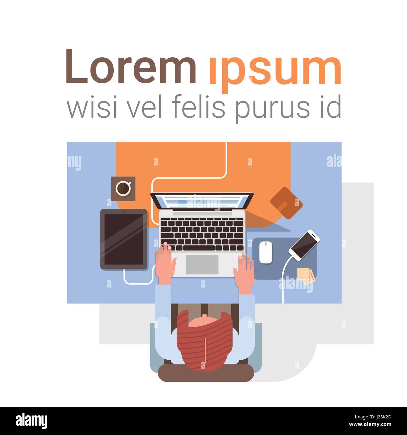 Geschäftsmann am Arbeitsplatz Schreibtisch Hände arbeiten Laptop Computer oberen Winkel Ansicht Büro Stock Vektor