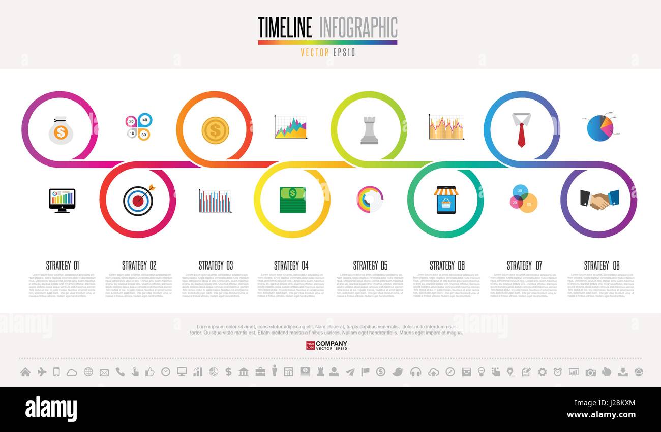 Timeline Infographics Entwurfsvorlage mit Icons Set, Vektor-eps10. Stock Vektor