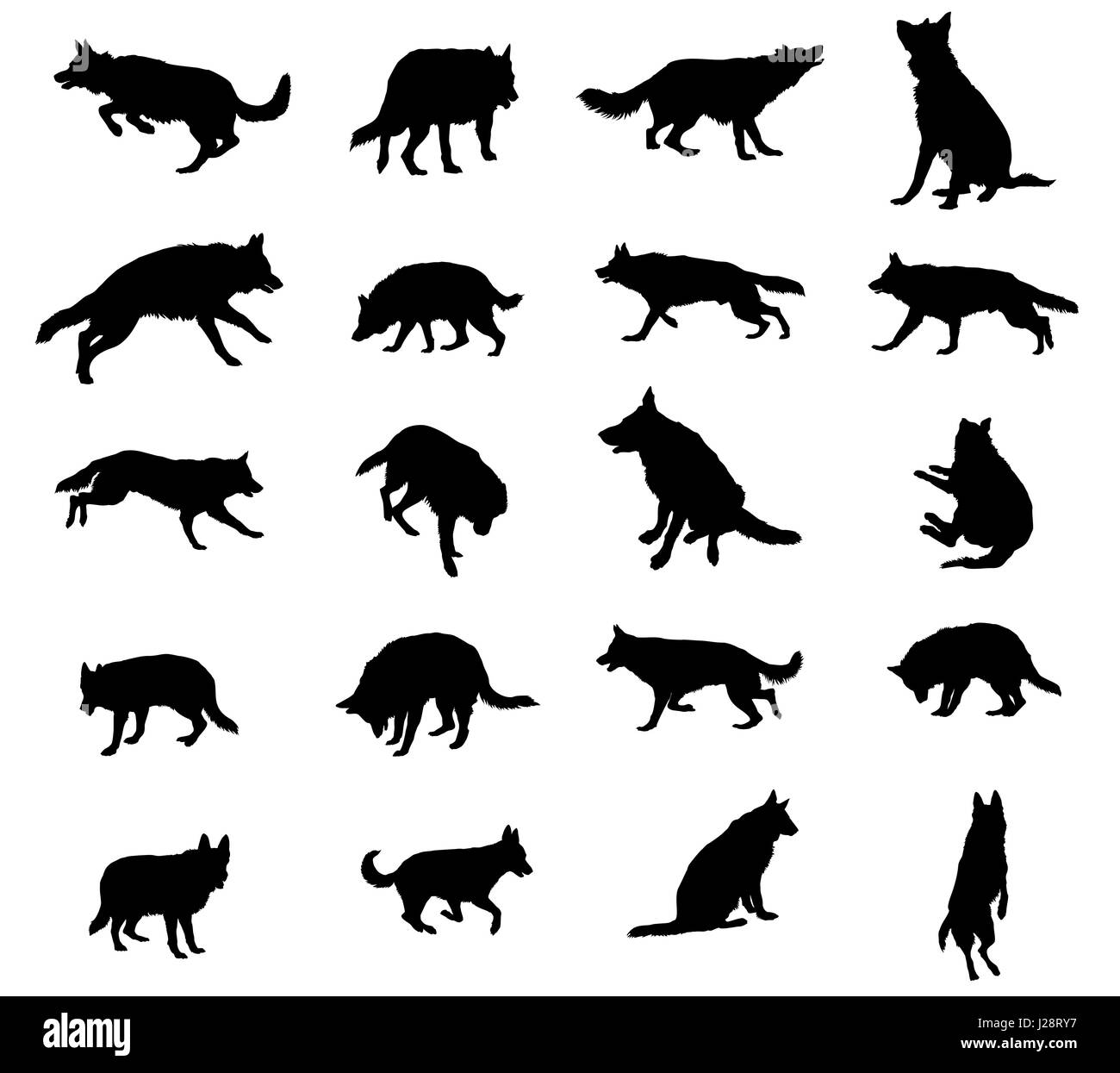 Vector Silhouetten der Hunde (Deutscher Schäferhund) schwarze Farbe gesetzt und auf weißem Hintergrund ausschneiden Stock Vektor