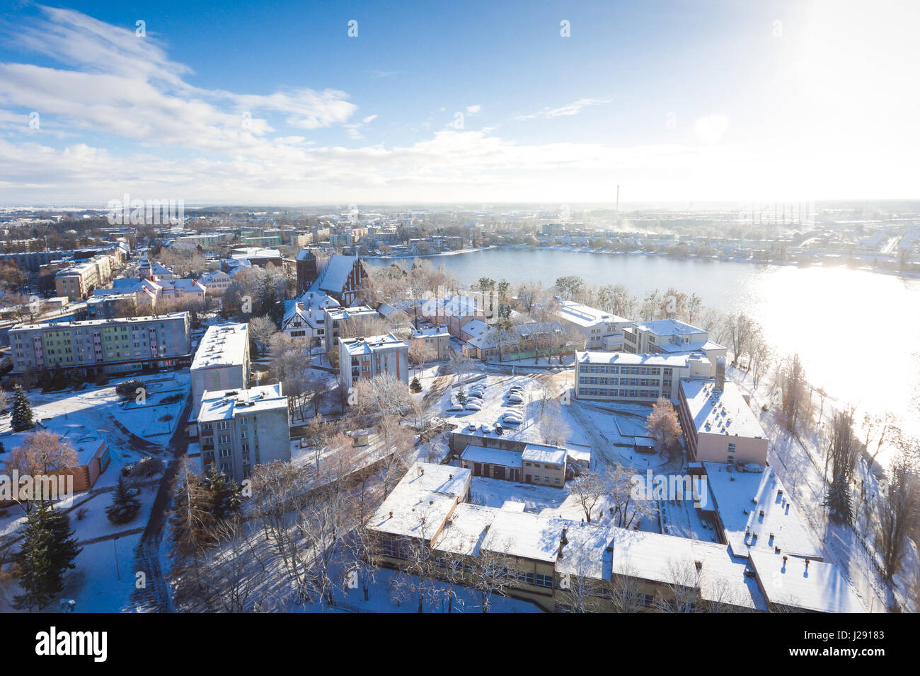 Aerial verschneiten Stadtbild von Ilawa Stadt in Polen Stockfoto