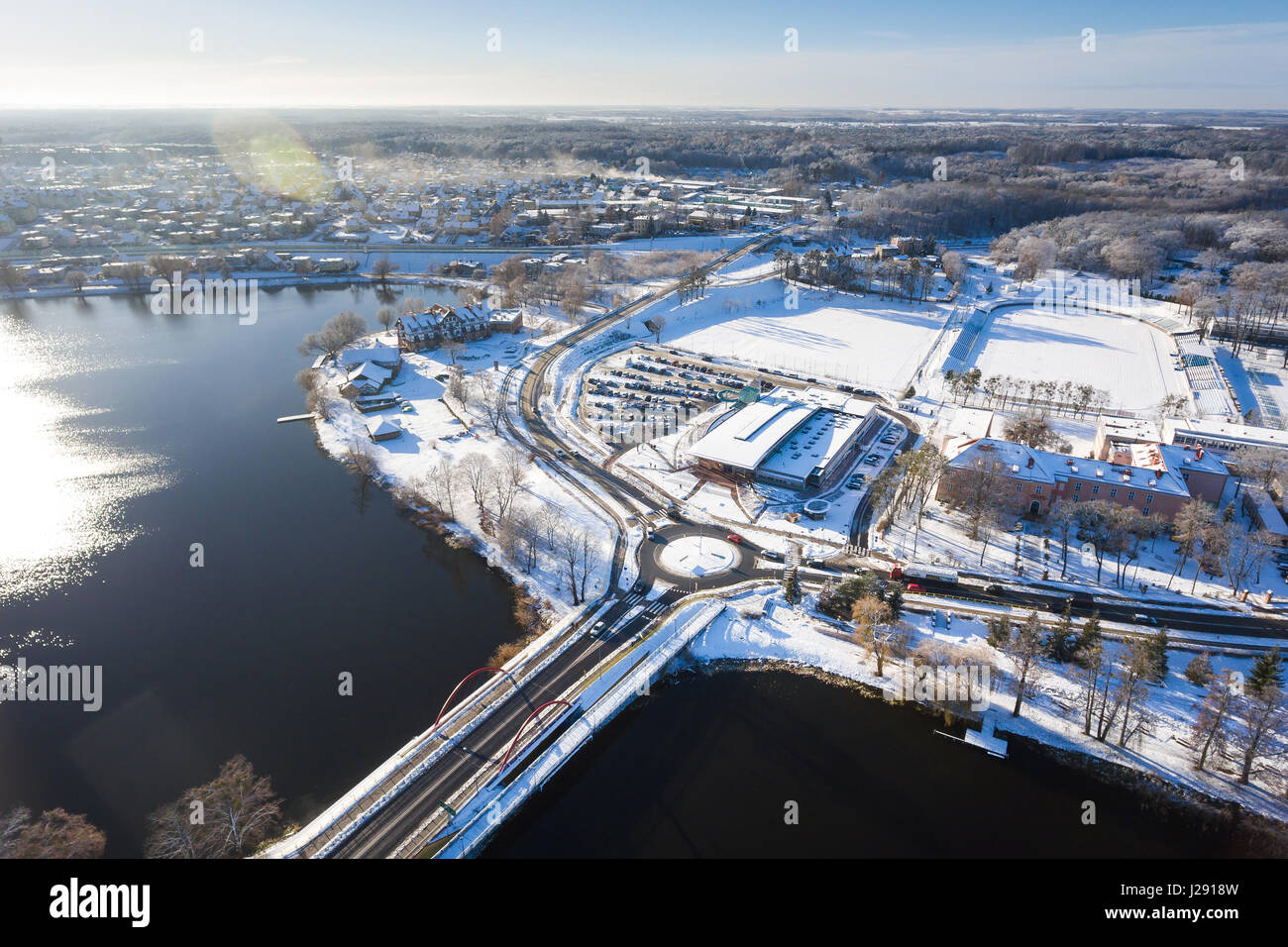 Aerial verschneiten Stadtbild von Ilawa Stadt in Polen Stockfoto