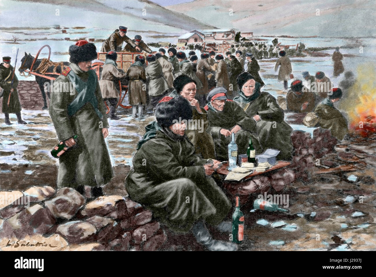 Russo-japanischer Krieg (1904-1905). März der Gefangenen von Port Arthur auf der Straße von Dalny. Kupferstich von L. Sabattier. Farbige. Stockfoto