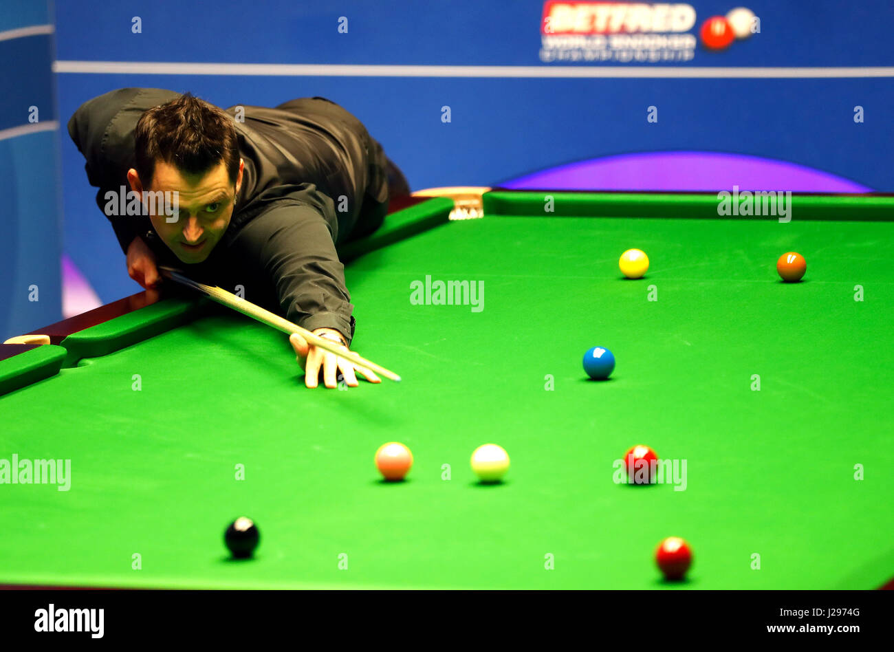 Ronnie O'Sullivan auf seinem Weg, machen eine Pause von 146 gegen Ding Junhui am Tag zwölf Betfred Snooker World Championships am Crucible Theatre in Sheffield. Stockfoto