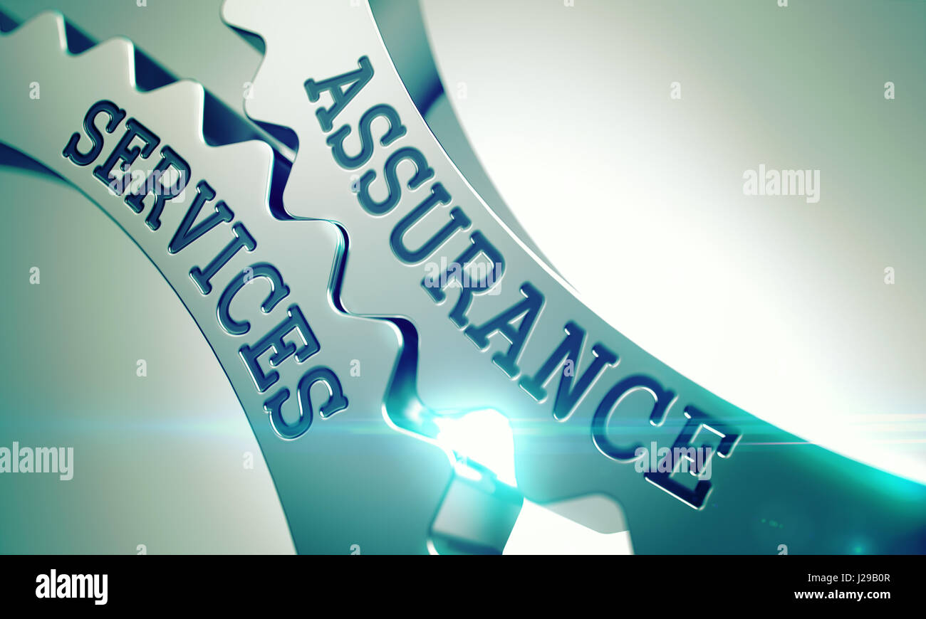 Assurance Services - Mechanismus der metallischen Zahnrad Zahnräder. 3D. Stockfoto