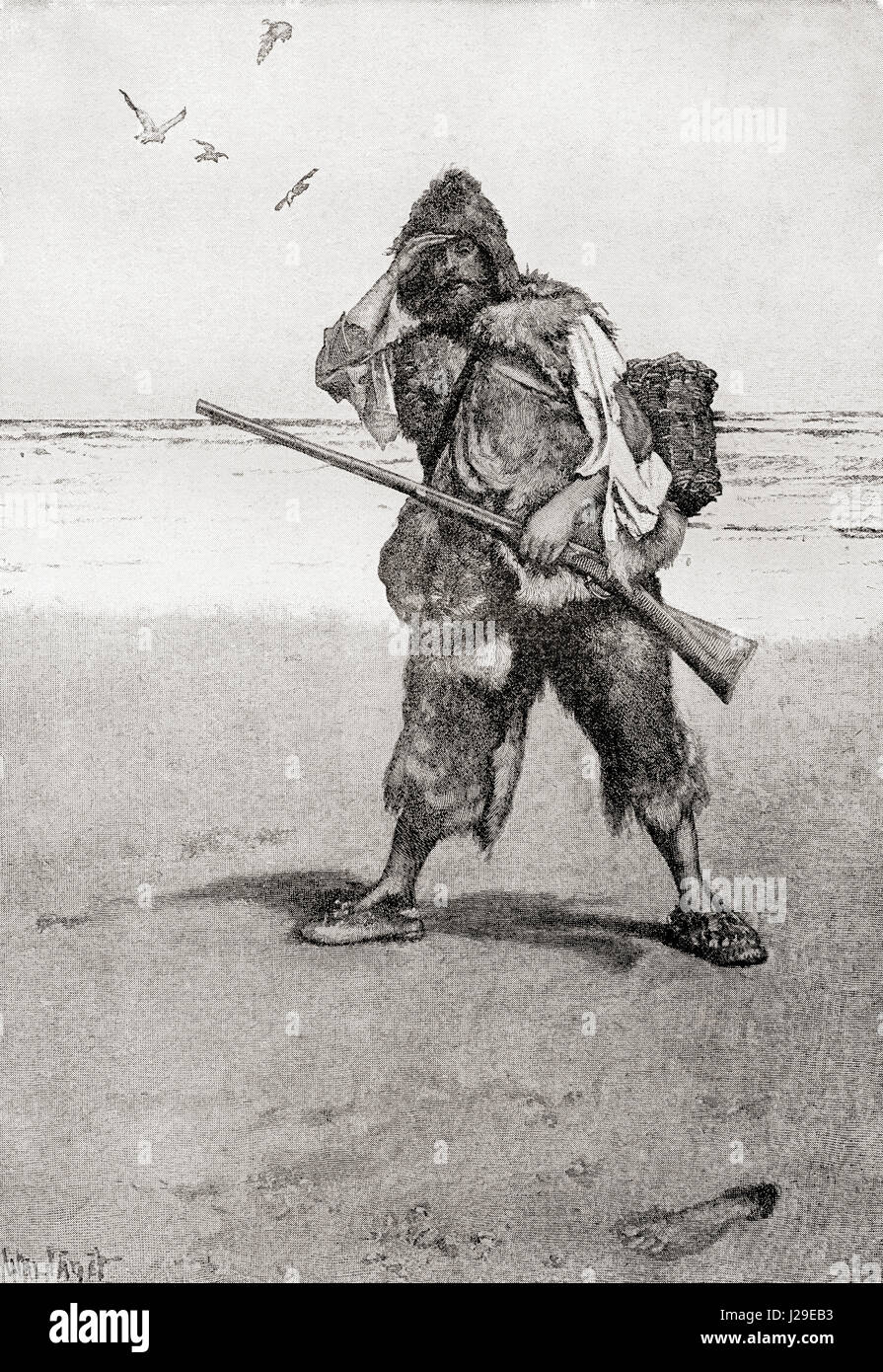 Der Fußabdruck auf dem Sand von Defoes Roman Robinson Crusoe.  Aus der internationalen Bibliothek des berühmten Literatur veröffentlicht um 1900 Stockfoto