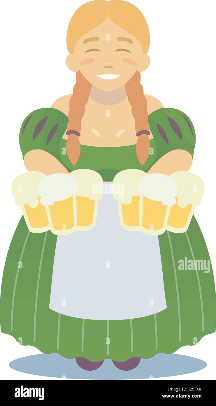 Logo - süße blonde Mädchen in traditioneller Tracht mit Bierkrügen. Oktoberfest oder St. Patrick es Tag. Kneipe, Pub, bar, Festival. flaches design Stock Vektor