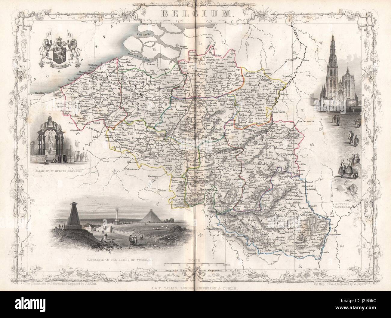 Belgien. mit Luxemburg. Antwerpen & Waterloo Vignetten. TALLIS/RAPKIN c1851 Karte Stockfoto