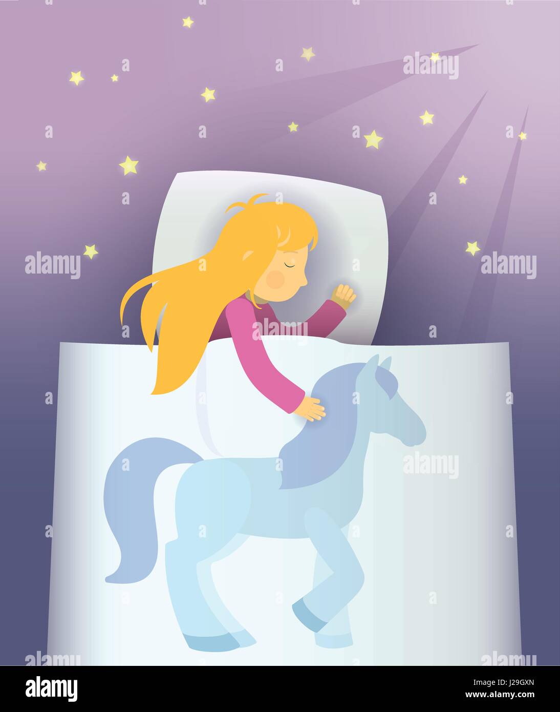 kleine Mädchen träumen von blaue Pferdchen Stock Vektor