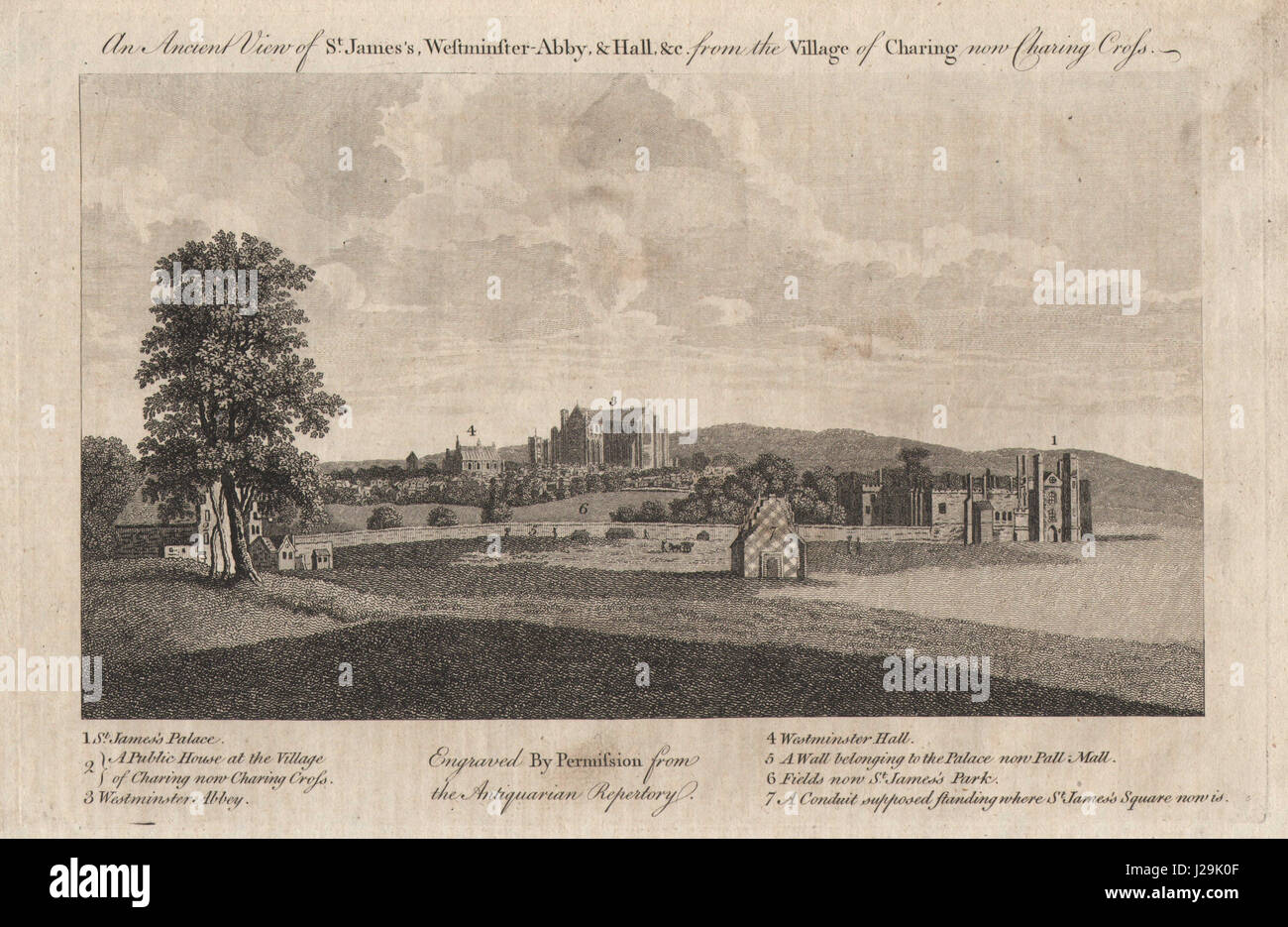 Alte Ansicht der St James's & Westminster von Charing [Kreuz]. HARRISON 1776 Stockfoto