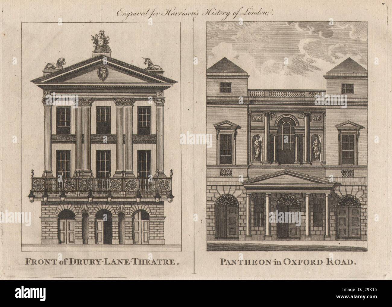 "Vor der Drury Lane Theatre. Pantheon in Oxford Road ". HARRISON 1776 print Stockfoto