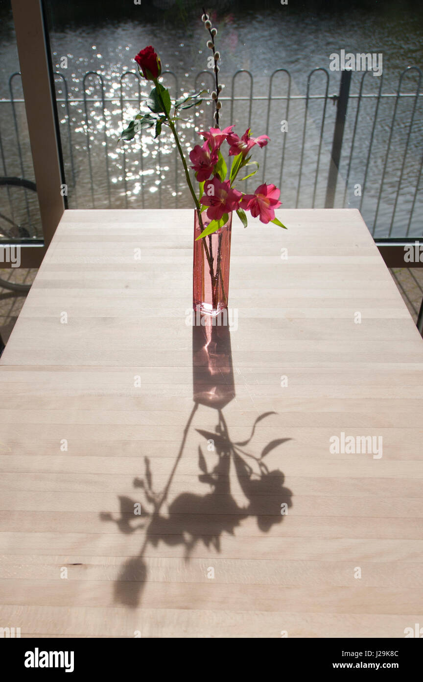 Restaurant Tisch Vase Blumen Blüten Anordnung Sonnenlicht Schatten niemand Stockfoto