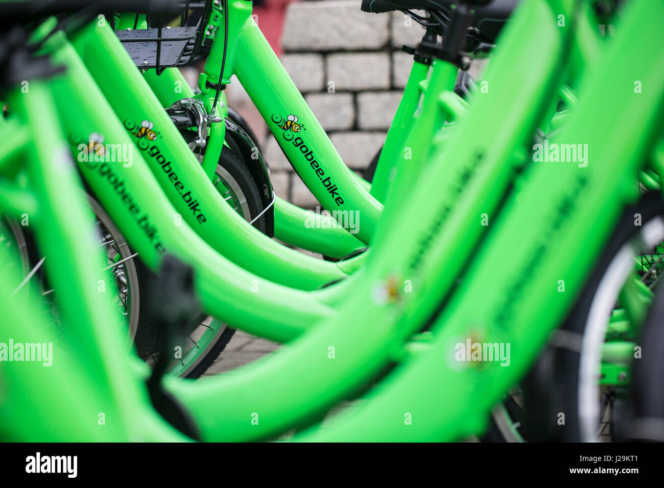 Hong Kong, Hong Kong. 26. April 2017. Gehen Sie Bee Bike bietet Unternehmen Start Radfahren Dienstleistungen für die Öffentlichkeit in Hongkong am 20. April 2017 freigegeben. Ihr Ziel ist es, Verkehrsstaus und Kohlenstoff-Fußabdruck in Hong Kong, ein dicht besiedeltes Gebiet zu reduzieren. Ihre Dienstleistungen kostenlos ist $5HKD 30 Minuten verwendet. Bildnachweis: Lange Hei Chan/Pacific Press/Alamy Live-Nachrichten Stockfoto