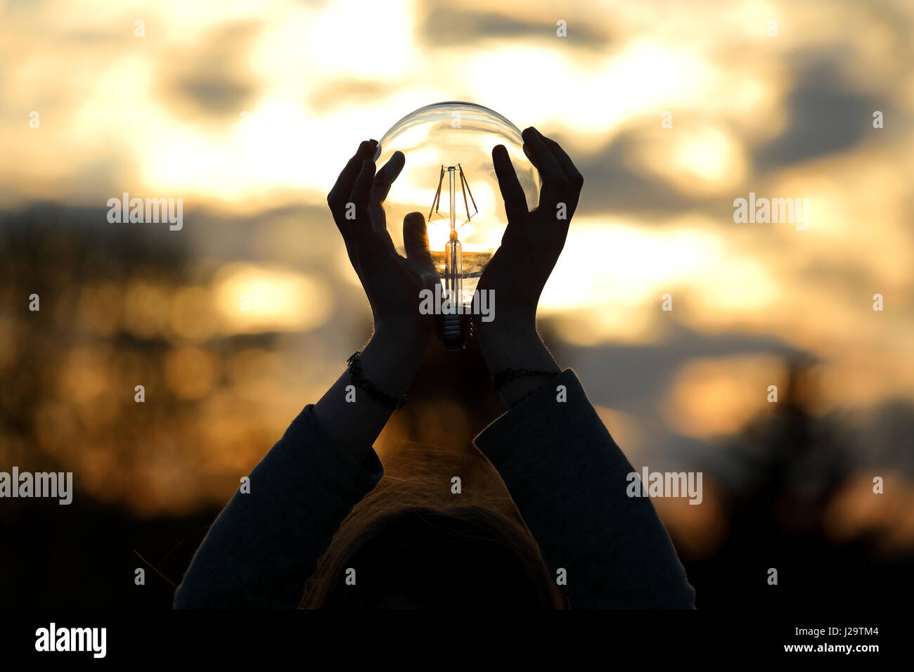 Energie-Glühbirne von Sonnenuntergang auf Hand-Konzept Stockfoto