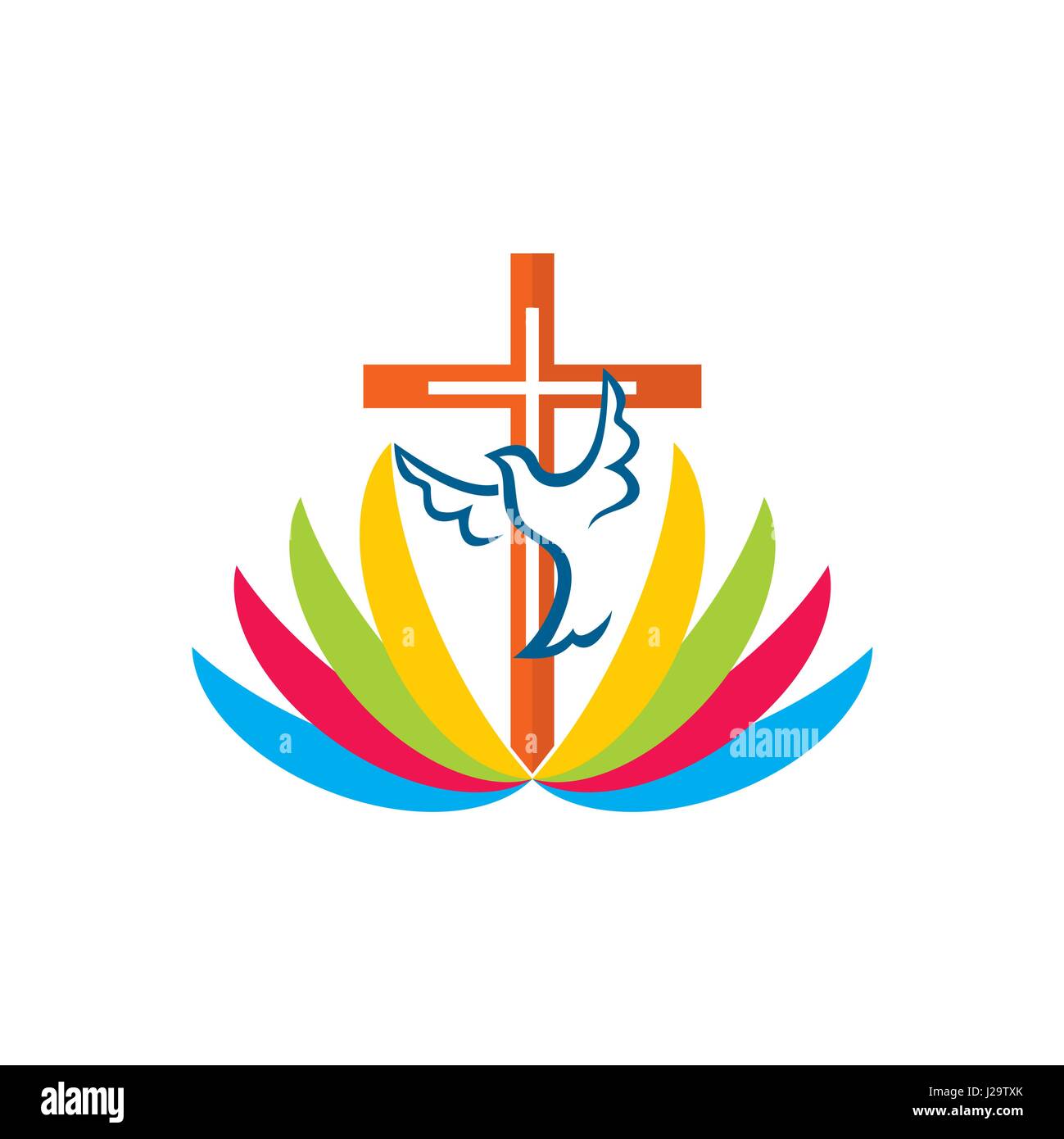 Logo der Kirche. Das Kreuz Jesu und die farbigen Wellen Stock Vektor