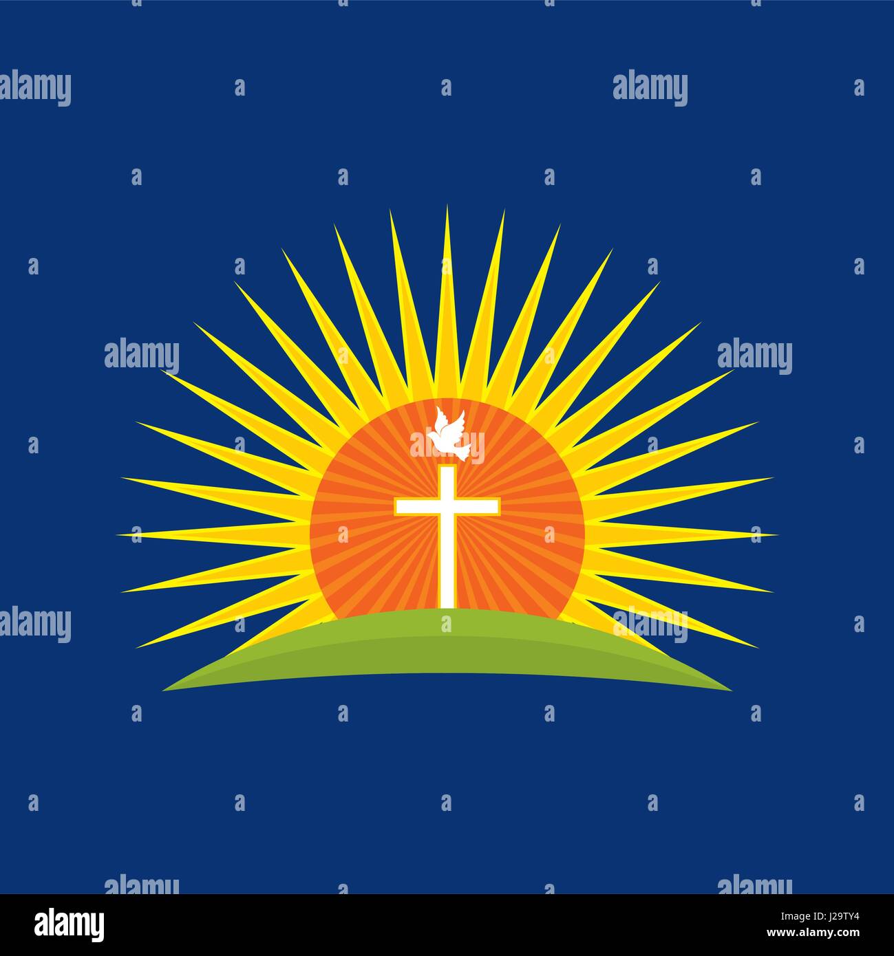 Logo der Kirche. Das Kreuz von Jesus vor dem Hintergrund der Strahlen der Sonne Stock Vektor
